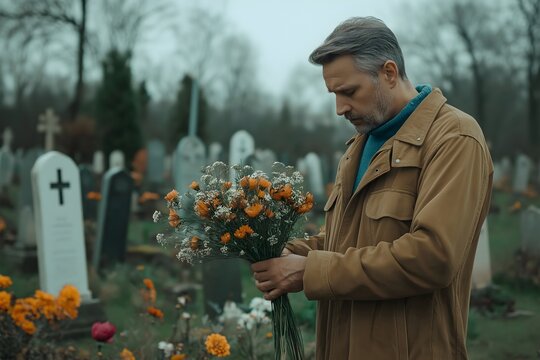 Man in a cemetery looking at a grave. Grieving widow tending a tombstone placing floral tribute. 