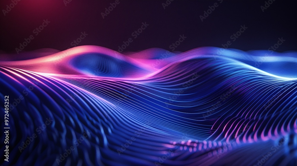 Poster vibrant abstract landscape with flowing waves of neon colors, creating a captivating visual experien