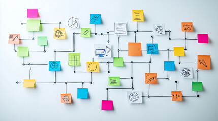 A creative business brainstorming session with sticky notes and mind maps on a whiteboard