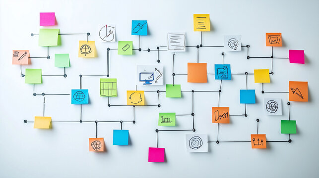 A creative business brainstorming session with sticky notes and mind maps on a whiteboard