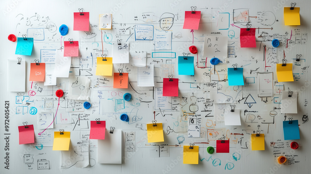 Poster a creative business brainstorming session with sticky notes and mind maps on a whiteboard