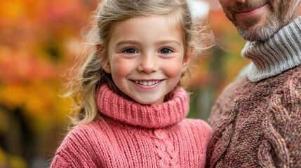 Obraz premium Smiling Caucasian girl in a cozy pink sweater with her father on a fall day.