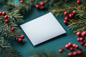 Fototapeta premium Blank card surrounded by pine branches and red berries on green background for Christmas greeting