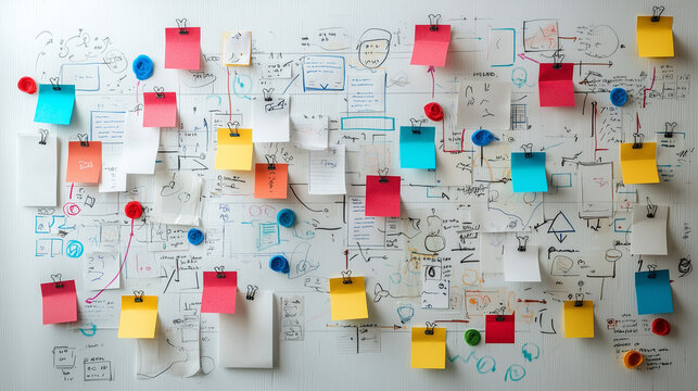 A creative business brainstorming session with sticky notes and mind maps on a whiteboard
