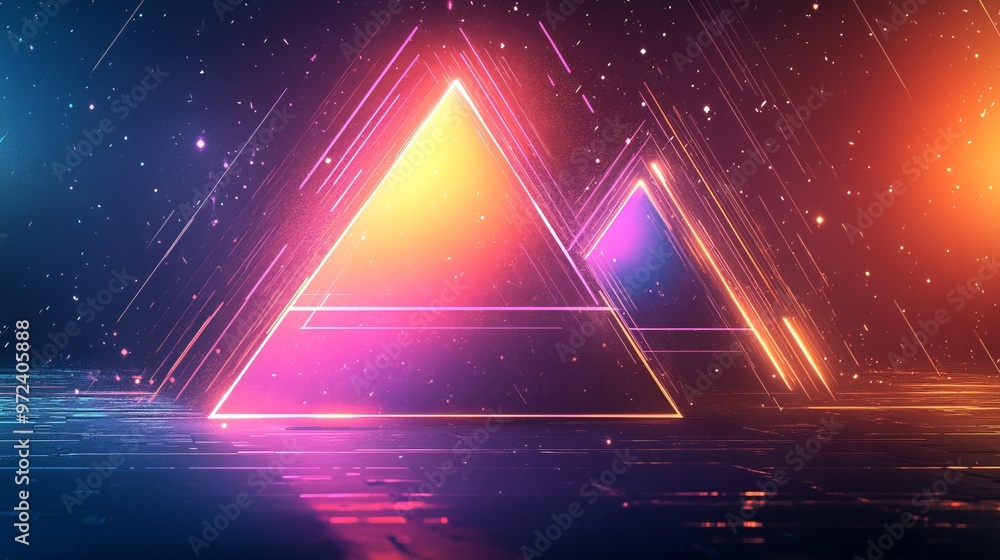 Poster dynamic abstract composition with neon triangles and linear streaks over a radiant gradient backgrou
