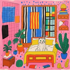 Poster depicting a bedroom with cat on the bed.