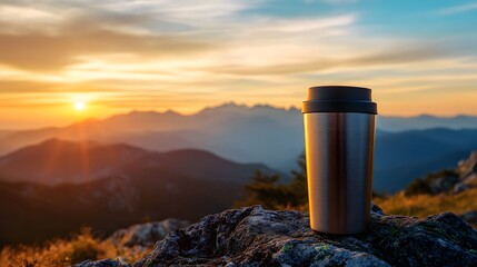 Travel Mug: A travel mug filled with coffee, with a beautiful sunrise over a mountain range in the background.
