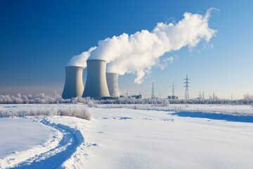 Obraz premium Nuclear power plant in winter landscape with steam rising and snow-covered ground