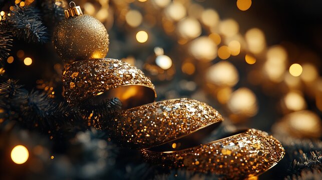 Luxurious golden ornaments arranged in a perfect spiral on a grand Christmas tree, with each ornament catching the light beautifully. 4K hyperrealistic photo.