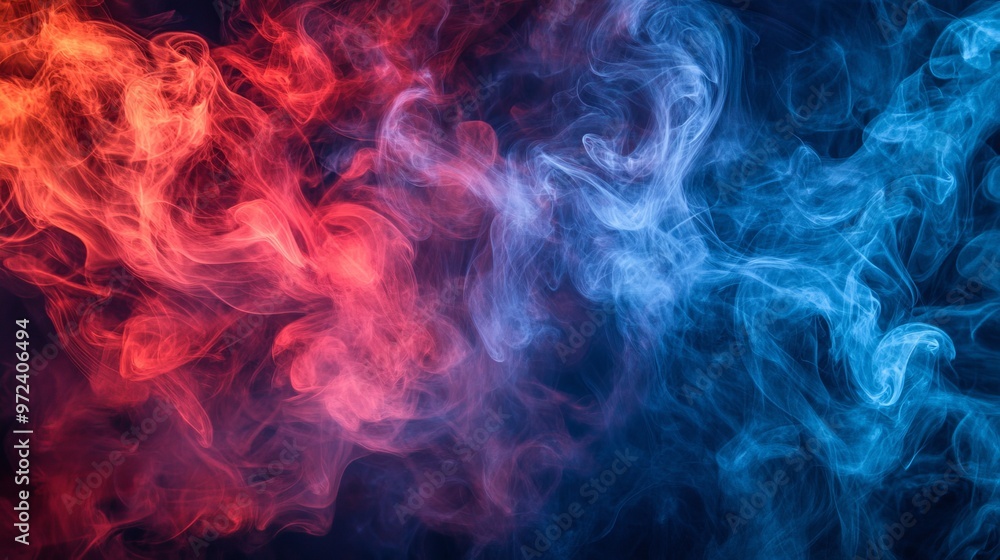 Poster this image shows an intense and dynamic interaction of red and blue abstract smoke with hints of fir
