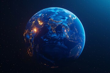 Hyper Realistic Blue Earth Illuminated with Continent Lights on Black.