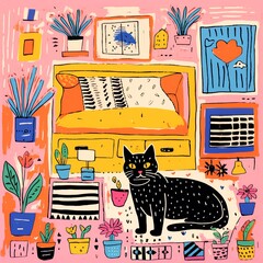 Poster depicting a bedroom with cat on the bed.