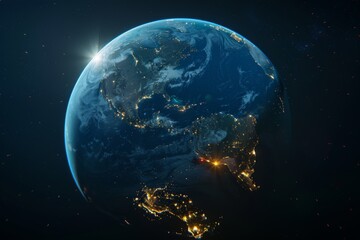 Fototapeta premium Hyper Realistic Blue Earth Rendered with Lights on Continents.