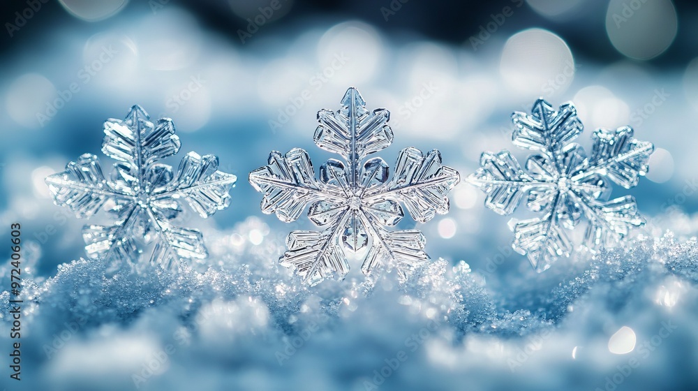 Poster snowflakes with perfect radial symmetry, each flake unique yet part of a larger geometric pattern on