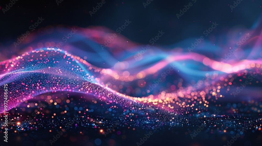 Poster vibrant abstract wave of colorful light particles creating a mesmerizing effect in dark background, 