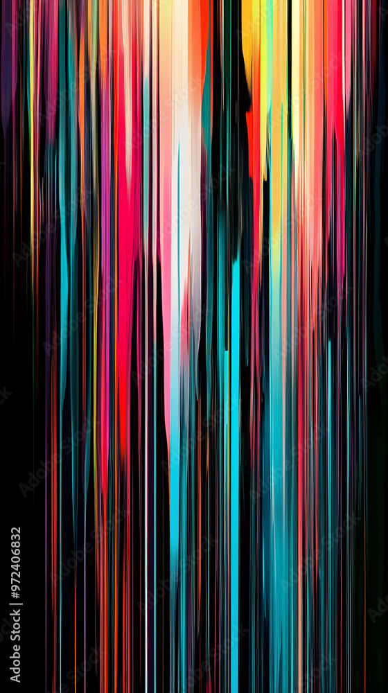 Poster abstract colored lines flow vertically in a vibrant composition, blending hues of pink, blue, and go