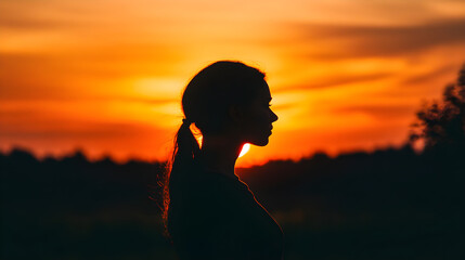 Silhouette of a woman standing against a vibrant sunrise, showcasing the beauty of nature and reflection in a serene moment
