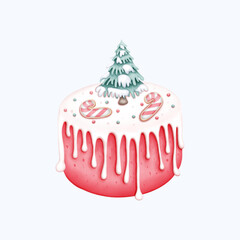 Watercolor Cake Illustration with Christmas Tree and Candy Canes | Cute Hand Drawn Dessert Art for Holiday Decor