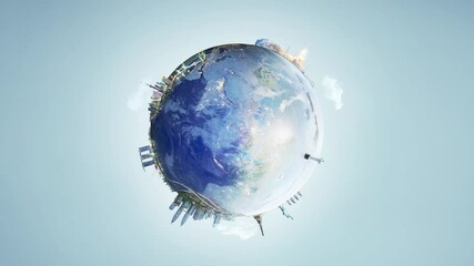Tiny planet earth rotating showing modern city skyline - Powered by Adobe