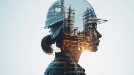 Double exposure of female construction engineer with building architects and workers concept banner