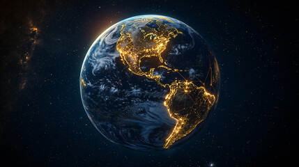 Fototapeta premium The Earth, as seen from space, is meant to symbolize the global cause of good. The map shows a glowing, subtly stylized Earth against a pitch-black background, complete with stars and nebula.