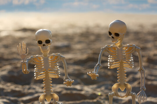 Two cheerful skeleton figures are seen standing closely on a sandy beach, waving with one hand as sunlight sparkles off the gentle in the background, creating a fun atmosphere. Haluin. Heluin holiday