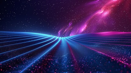 Obraz premium Vibrant cosmic landscape featuring neon blue and pink lines flowing through a starry universe, evoking a sense of space and infinity. Product presentation background.