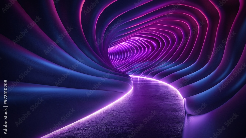 Poster vibrant illuminated tunnel with flowing curves, creating a surreal and futuristic atmosphere in shad