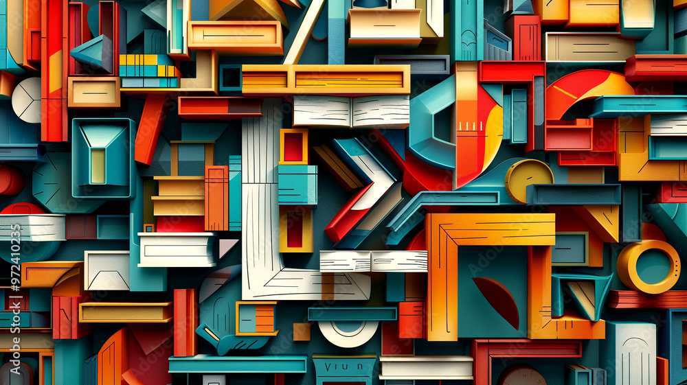 Poster vibrant shapes and patterns create a dynamic abstract arrangement filled with color