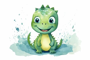 Minimalistic watercolor illustration of happy dino.