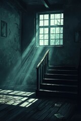 Sunbeams Streaming Through Window in a Dark Room with Stairs