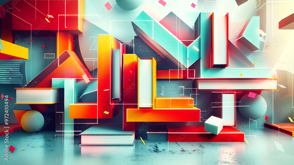 Poster vibrant geometric shapes create a colorful abstract artwork in a modern studio setting