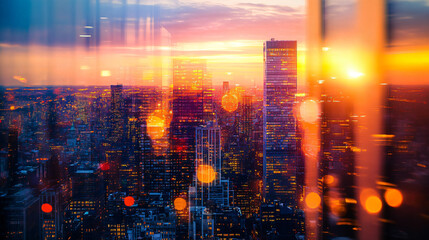 Fototapeta premium Stunning double exposure of new york city skyline glowing in warm tones against a beautiful sunset backdrop