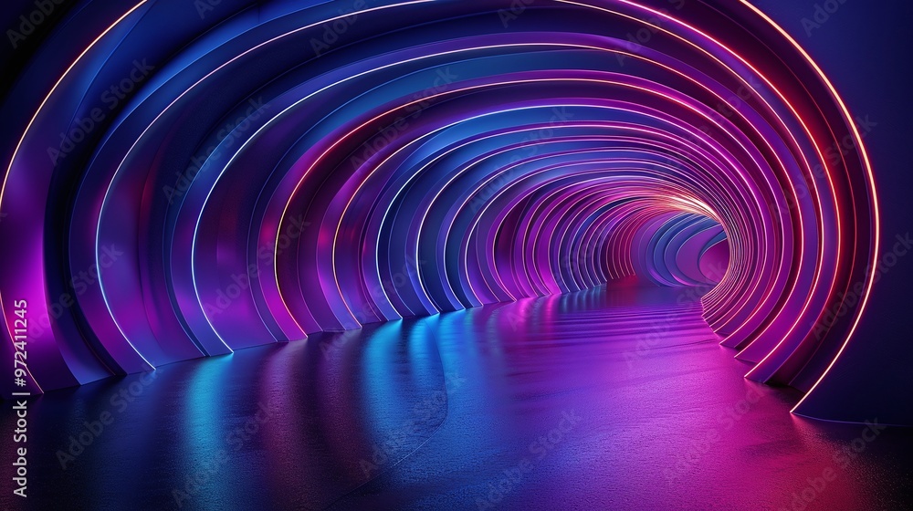 Poster vibrant neon tunnel with glowing lights and reflections. a captivating scene of color and depth in a