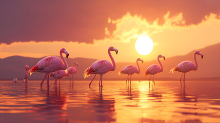 Naklejka premium A graceful ballet of flamingos in a shallow lagoon