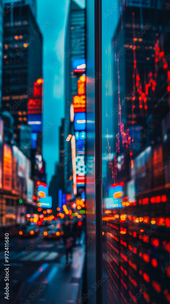Poster virtual digital screen with red graphs against the backdrop of a large metropolis. business, develop