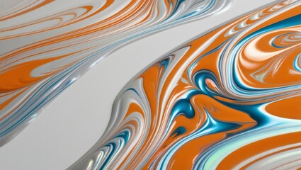 Abstract Swirling Liquid Marble Background in Orange, White, and Blue Tones