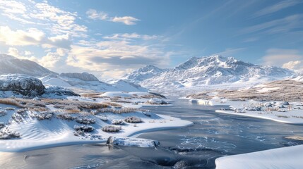 Vast Icy Landscape with Snow-Covered Mountains and Frozen Rivers.