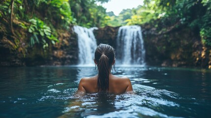 A woman in a black swimsuit swims in a serene jungle pool with two cascading waterfalls in the background, enjoying the refreshing water and natural beauty surrounding her.
