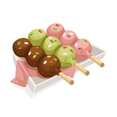 A plate of colorful dango skewers with chocolate, green tea, and strawberry flavors, illustrated on a white background. Asian dessert concept. Vector illustration