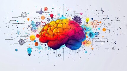 Cartoon A human brain in the center, with colorful shapes, lines, and symbols (light bulbs, gears, flowers, etc.) flowing outward, symbolizing ideas being released from within