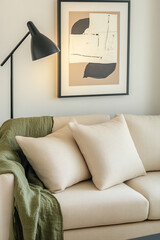 A living room with a light beige sofa, a black floor lamp, and a white wall. A framed art print hangs on the wall. In the foreground, there are two square-shaped, soft pillows in a cream color.