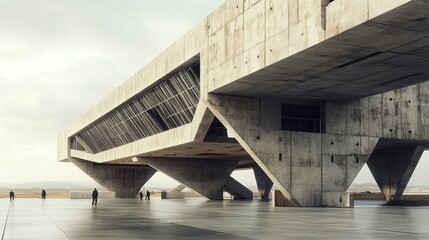 Obraz premium Brutalist airport terminal with heavy concrete supports, stark, angular lines, and a cold, utilitarian design, emphasizing efficiency and control. 4K hyperrealistic photo.