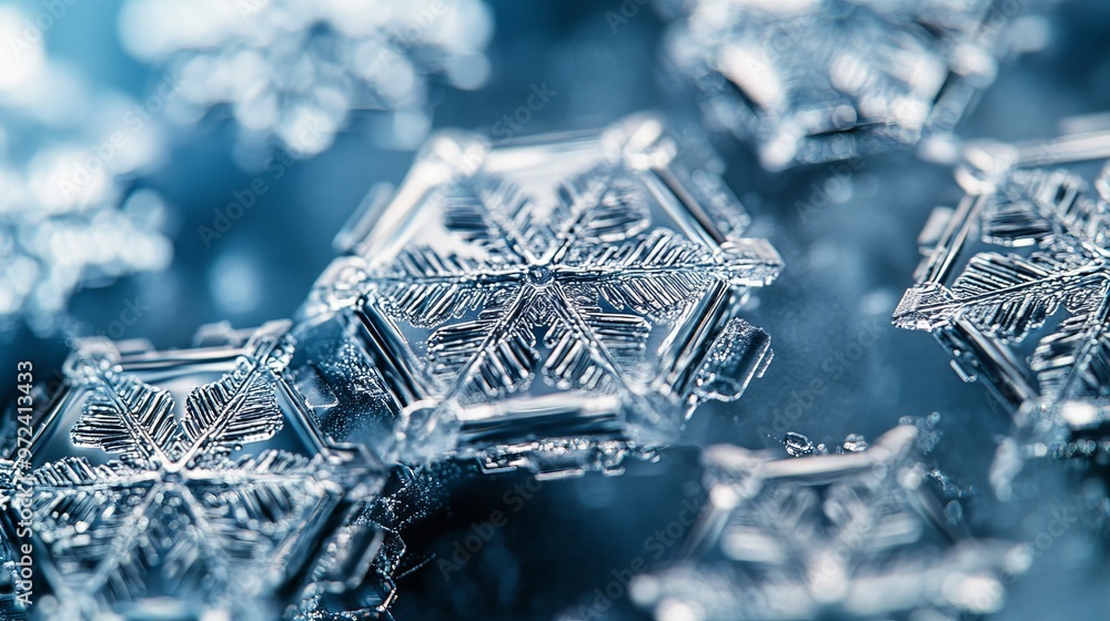 Poster snowflakes arranged in a precise, hexagonal grid on a frosty window, creating a natural geometric pa