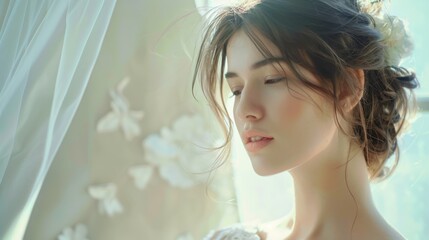 A serene bride with a soft, tousled updo and loose tendrils framing her face. She is adorned with a floral hairpiece, standing peacefully near a window, bathed in gentle natural light