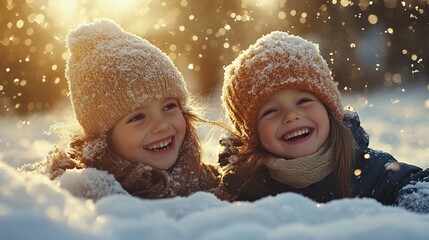 Siblings sharing a joyful moment as they play in the snow, their laughter echoing through the winter landscape. 4K hyperrealistic photo.