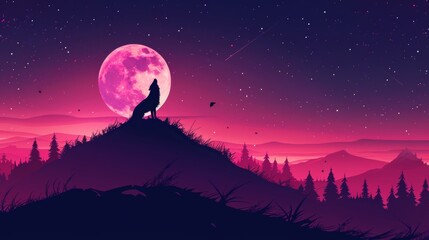 Cartoon Wolf Howling at the Moon on a Hill Under Starry Sky.