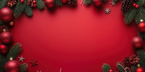 Christmas frame with pine branches and red ornaments on red background