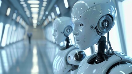 Fototapeta premium Two advanced humanoid robots standing in a futuristic corridor, representing artificial intelligence and robotics. The sleek design and reflective surfaces emphasize cutting-edge technology