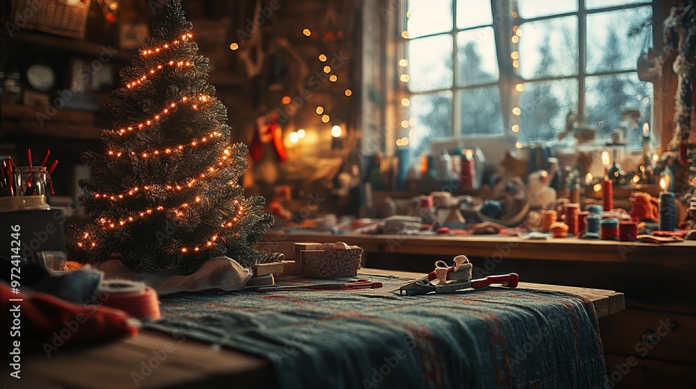 Poster Crafting DIY Christmas tree skirts with fabric, scissors, and sewing supplies, in a cozy workspace. 4K hyperrealistic photo.